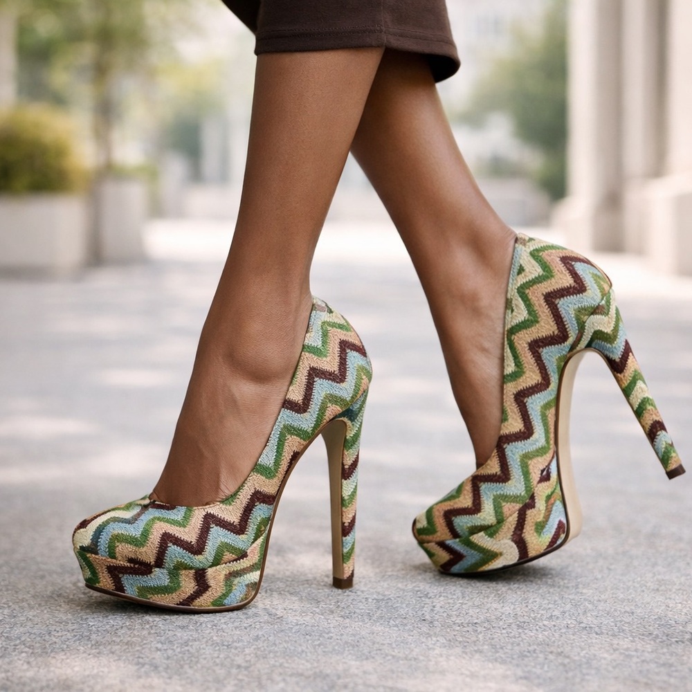 Madden Girl Chevron Crochet Platform Heels Sz 7.5 | Multicolor Zigzag Statement